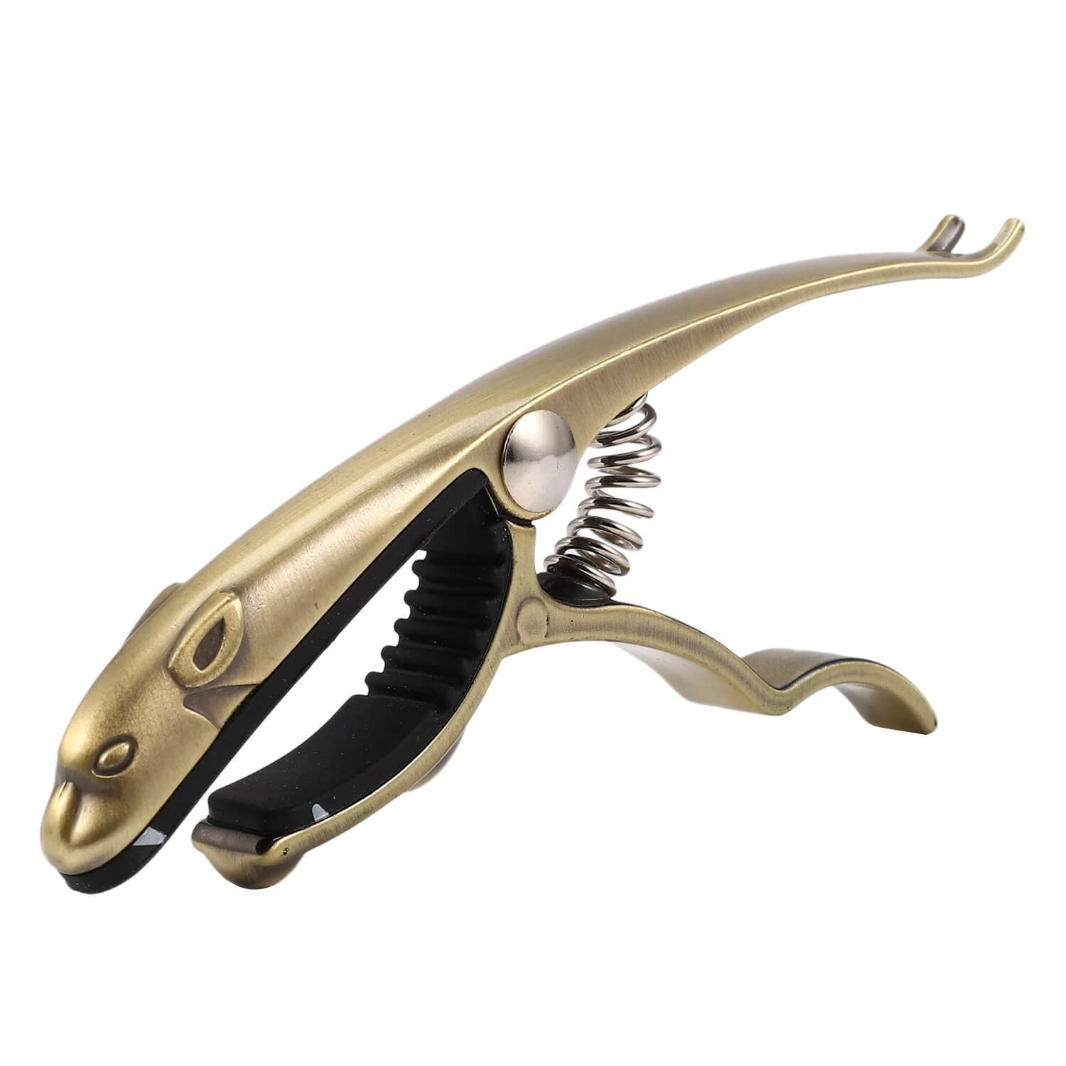 Details of a metal capo made of zinc alloy shaped like a leopard.