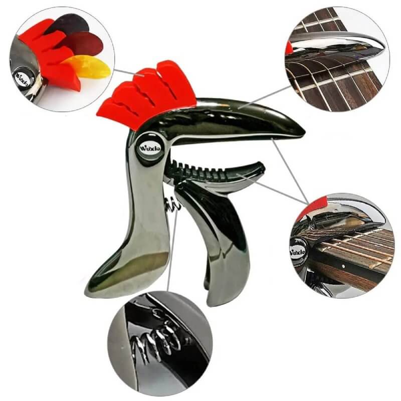 Details of a zinc alloy metal capo shaped like a Toucan - 2 colors to choose from!