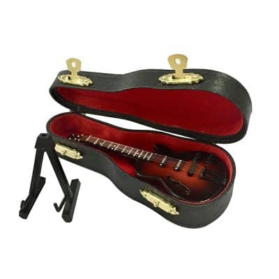 Details of Miniature Folk Guitar with case and guitar stand
