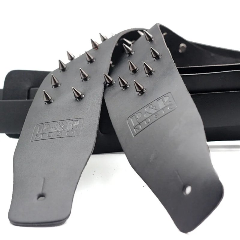 Details of Leather Guitar Strap with Conical Studs for Extreme Metal