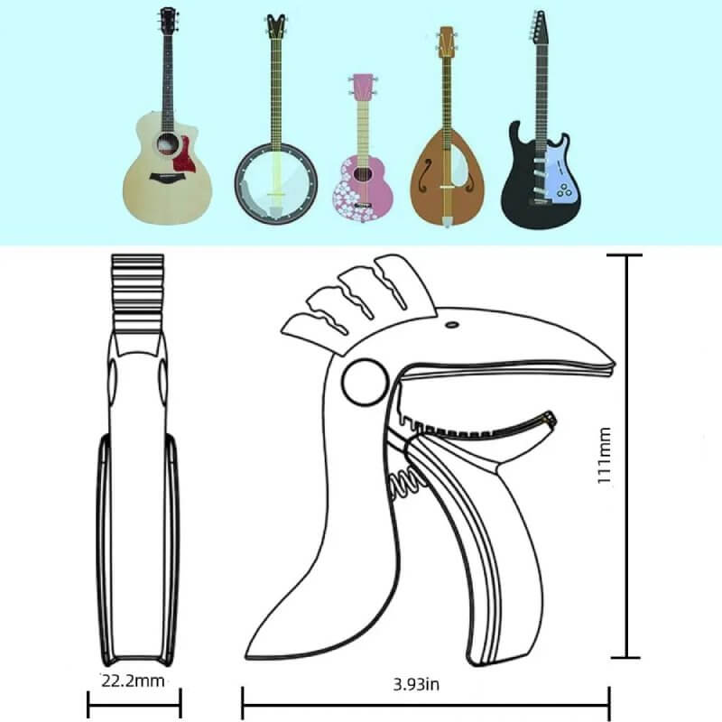 Technical Details: Zinc alloy metal capo in the shape of a Toucan - 2 colors to choose from!