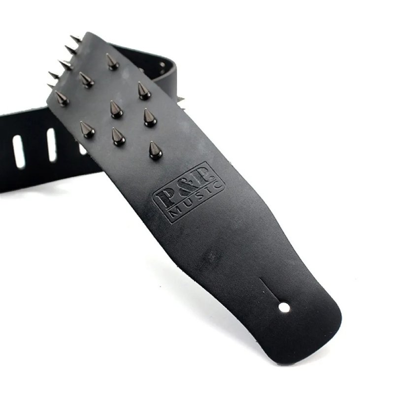 Leather guitar strap with conical studs for extreme metal