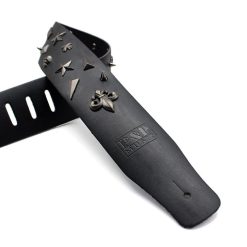 Black leather guitar strap with gothic embellishments for metal