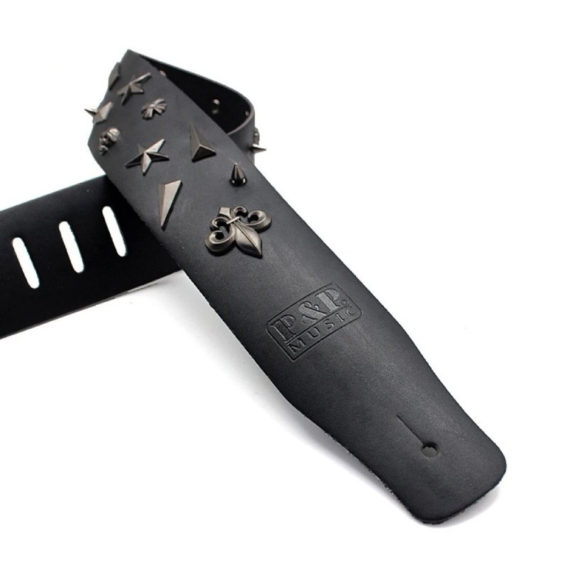 Black leather guitar strap with gothic embellishments for metal