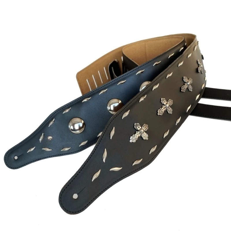 Leather Guitar Strap with Conchos and Cross for Rock and Metal - Model 2