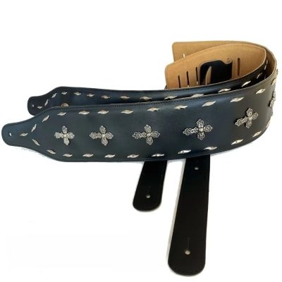 Leather Guitar Strap with Conchos and Cross for Rock and Metal - Model 1