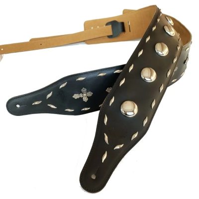 Leather Guitar Strap with Conchos and Cross for Rock and Metal - Model 2