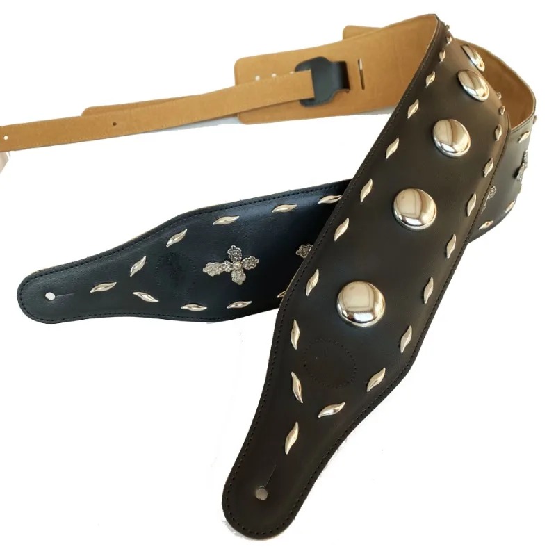 Leather Guitar Strap with Conchos and Cross for Rock and Metal - Model 2