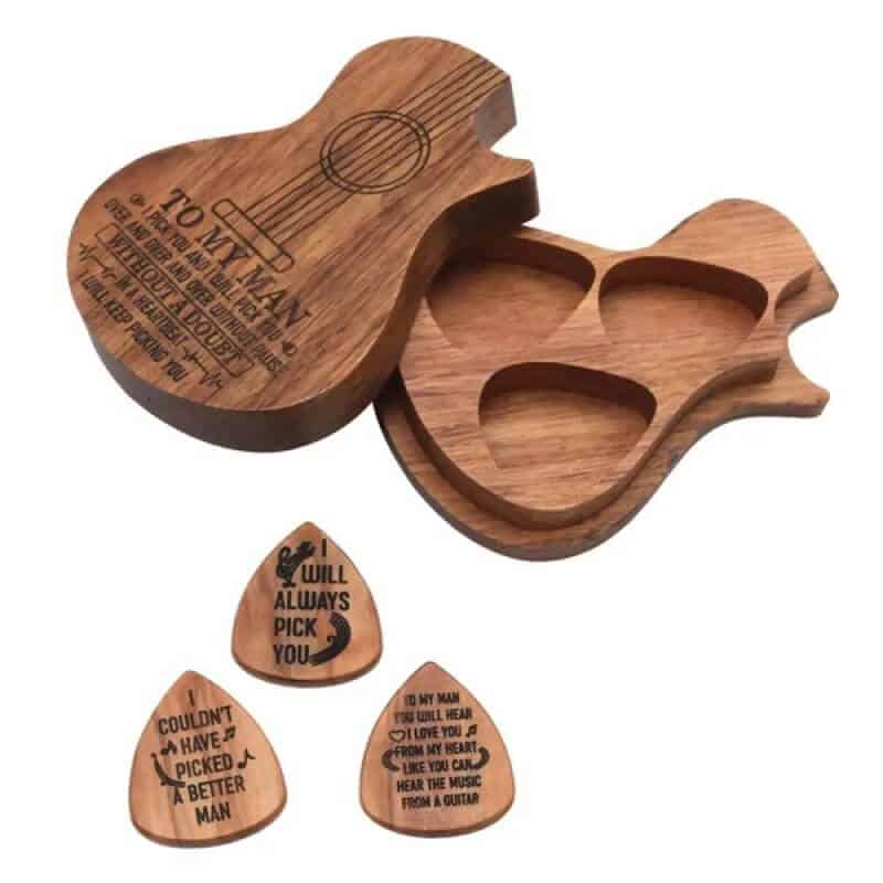 Beautiful Guitar Pick Gift Set and Carved Wood Pick Box