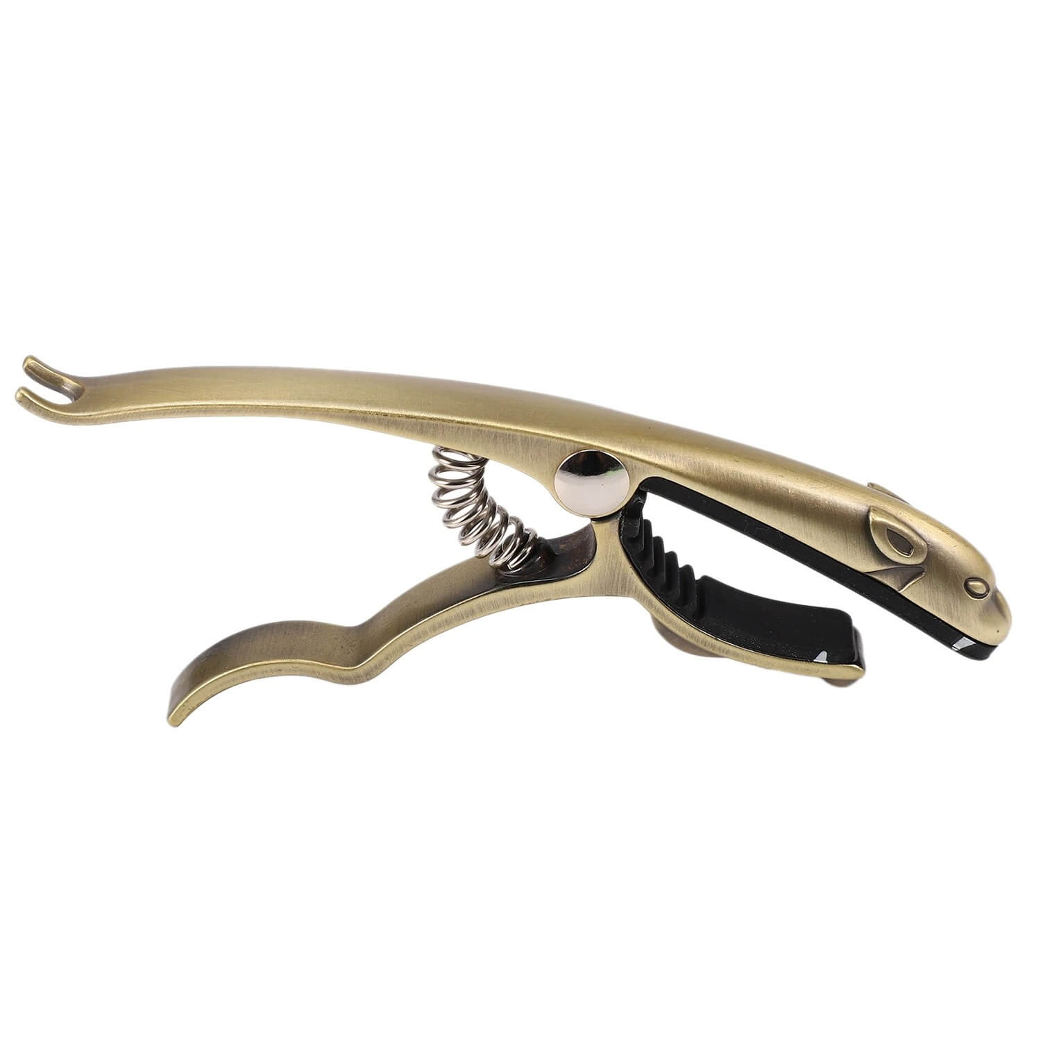 Side view of a metal capo made of zinc alloy shaped like a leopard.