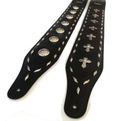 Design Details of Leather Guitar Strap with Conchos and Cross for Rock and Metal