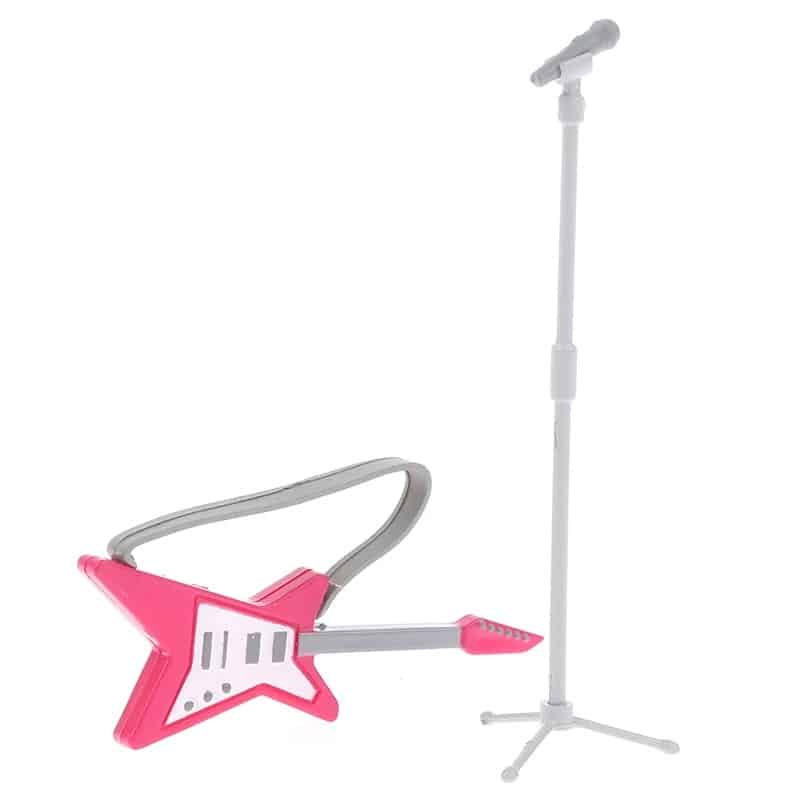 Details of miniature pink star electric guitar with microphone