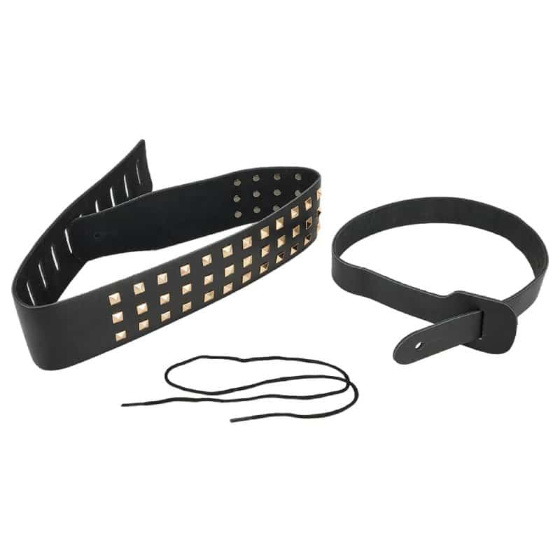Full view of a black leather guitar strap with pyramidal claw studs for a death metal look.