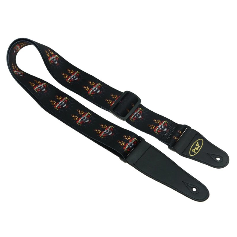 Magnificent Guitar Strap with Death's Head, Skull, Red Hearts, and Flames