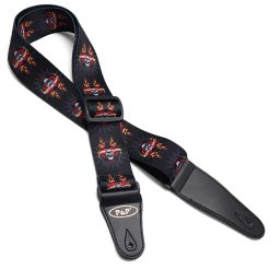 Skull Head Guitar Strap with Red Hearts and Flames