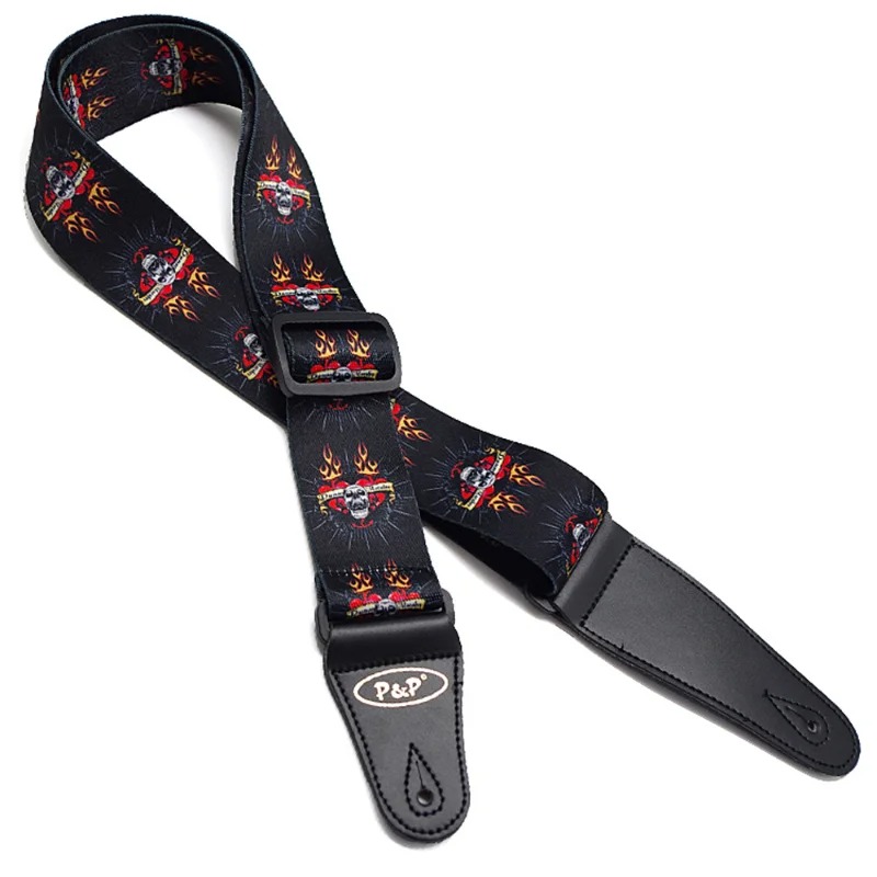 Skull Head Guitar Strap with Red Hearts and Flames
