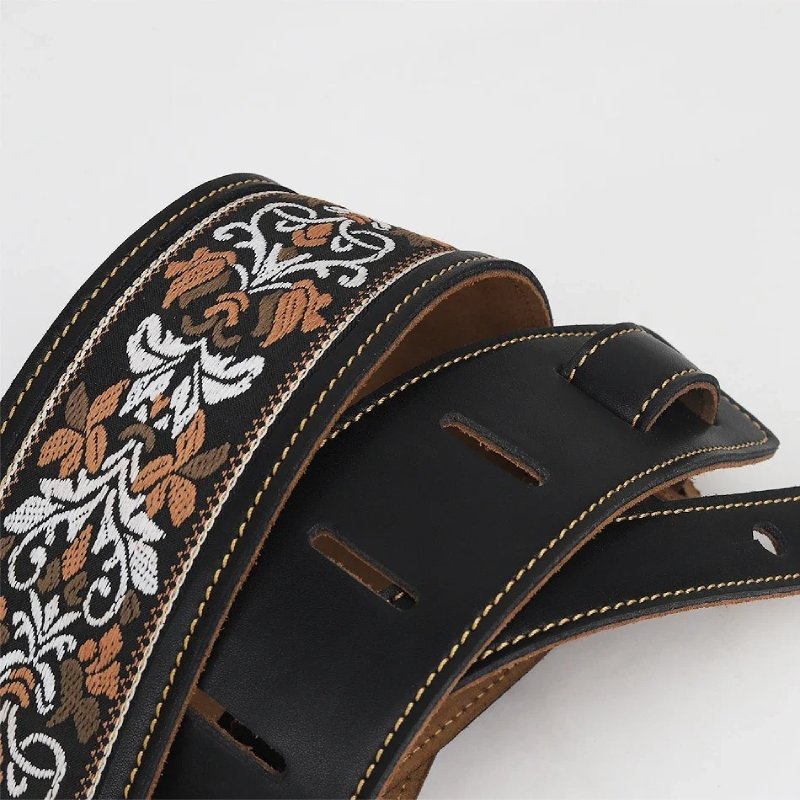 Genuine Leather Guitar Strap with Baroque Fleur de Lys Design - Model 1