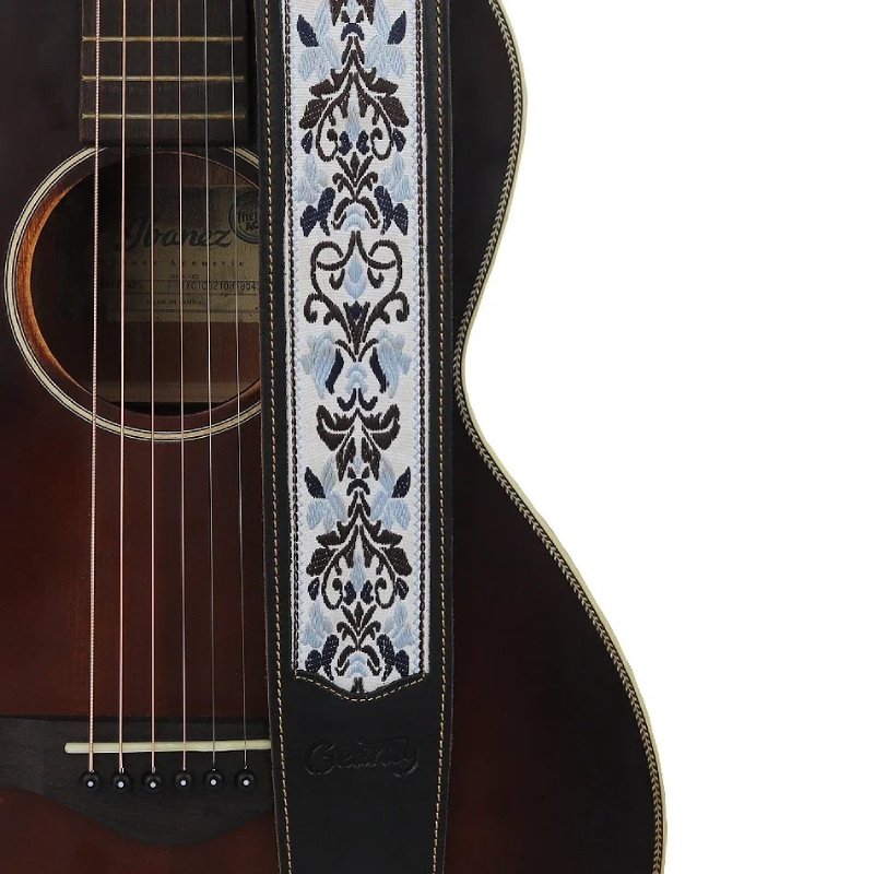 Guitar Strap in Genuine Leather with Baroque Fleur de Lys Design - Model 2