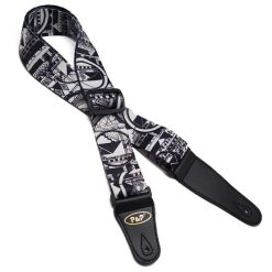 Guitar strap with black and white urban motif print