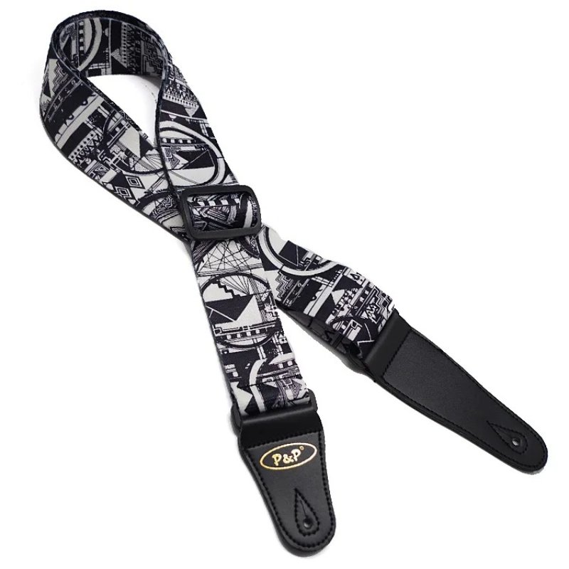 Guitar strap with black and white urban motif print