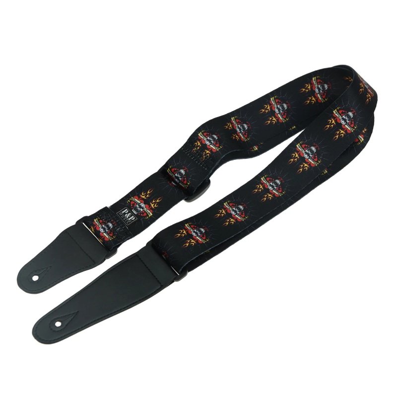 Full view of the Guitar Strap with Skull Head, Red Hearts and Flames