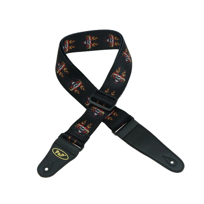 Detailed view of the Guitar Strap with Skull Head, Red Hearts, and Flames