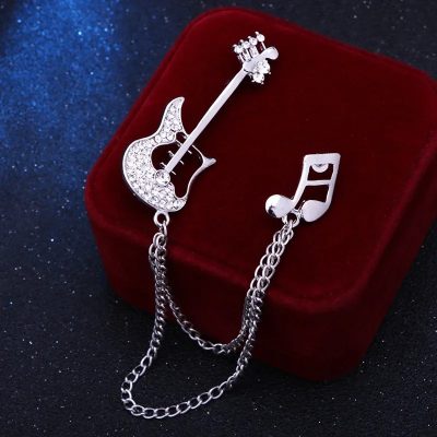 Enamel Electric Guitar Brooch with Silver Colored Musical Note Chain