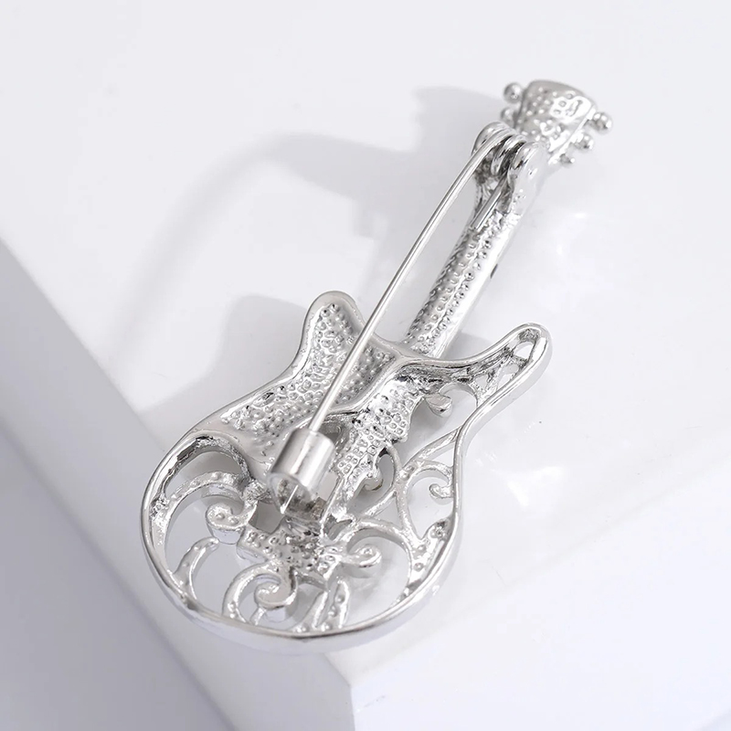 Hollow Electric Guitar Design Brooch with Musical Notes Motif and Silver-colored Rhinestones