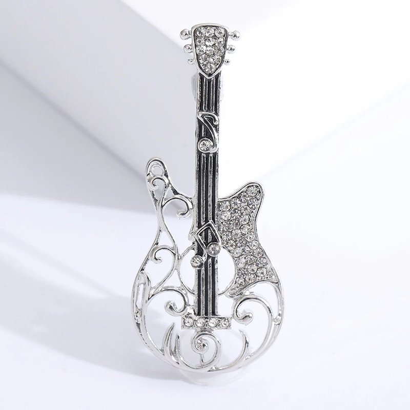 Hollow Electric Guitar Design Brooch with Musical Notes Motif and Silver-colored Rhinestones