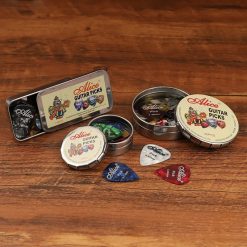 Metal box with a batch of celluloid picks - 12, 20, or 24 pieces!