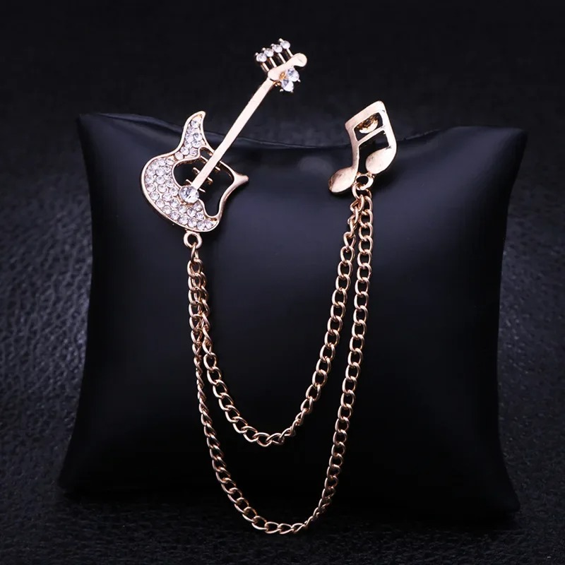 Full view of the Enamel Electric Guitar Brooch with Musical Note Chain