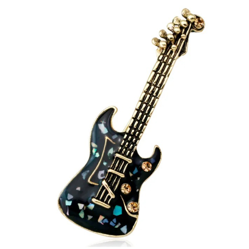 Enamel brooch of pins in the shape of a black mother-of-pearl electric guitar