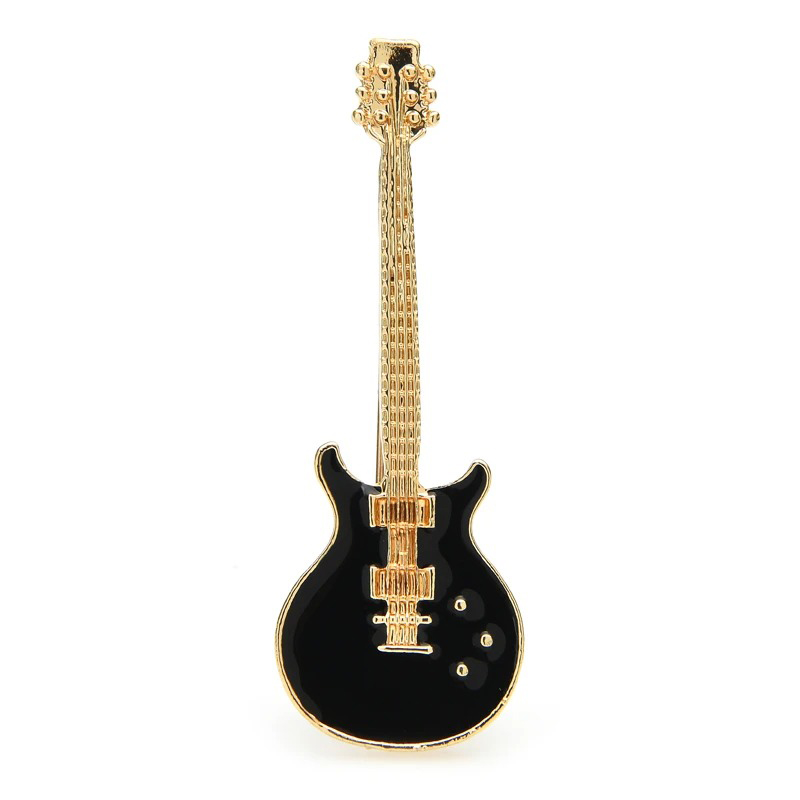 Enamel brooch of pins in the shape of a colored electric guitar.