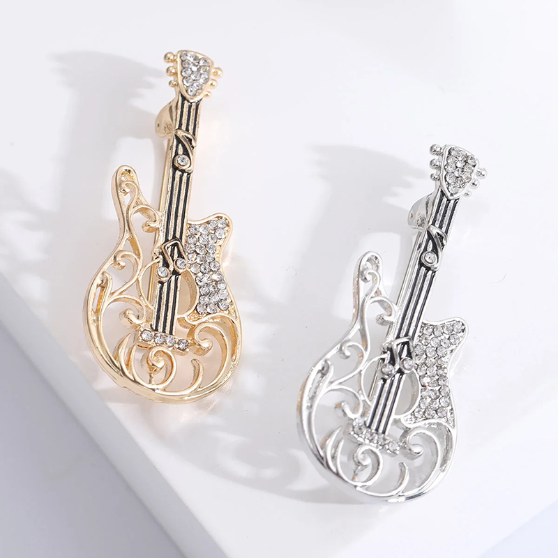 Brooch with Electric Guitar Design Punctured with Musical Notes Motif and Rhinestones