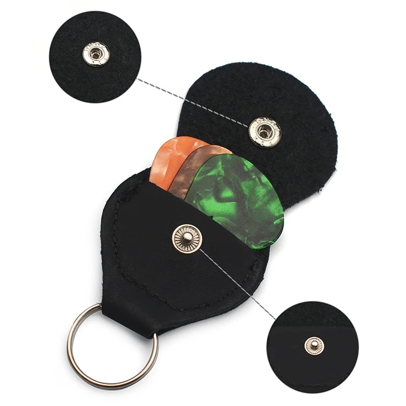 Details of the Lot of 2 Leather Guitar Keychains with Pick Case - 3 colors - 6 picks included