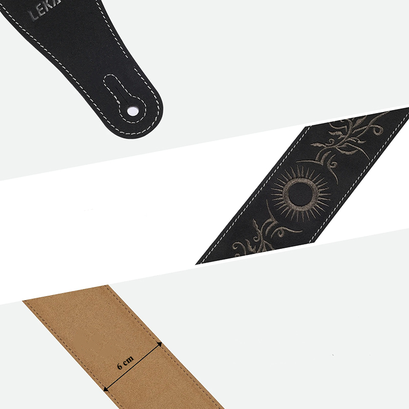 Full view of the suede leather guitar strap with sun embroidery