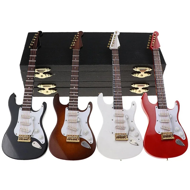 Details of the Miniature Electric Guitar in Red or Black with Storage Box, 4 Sizes to Choose From