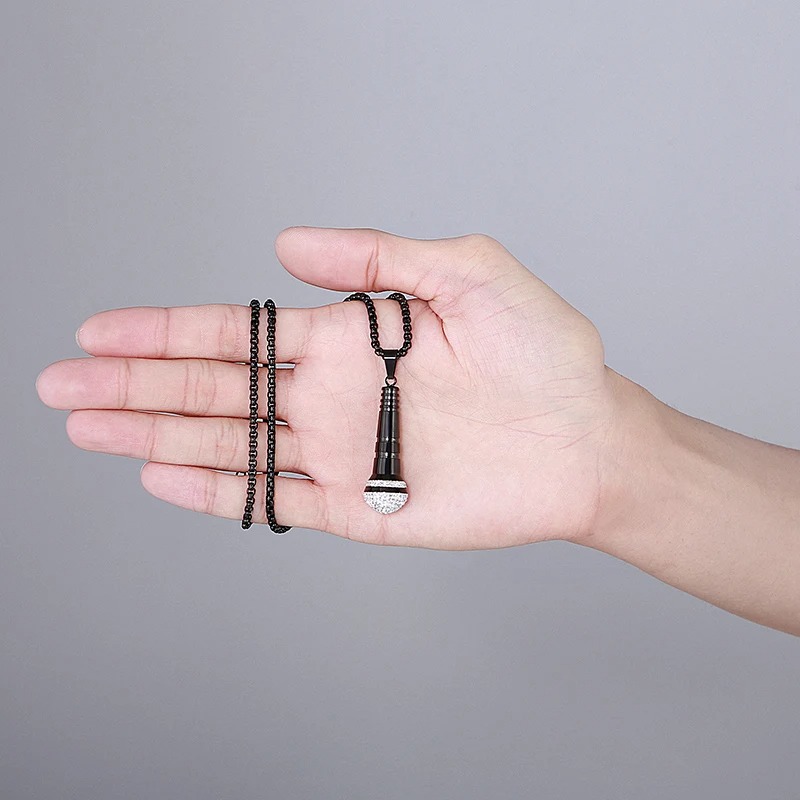 Details of the Black Rock Microphone Pendant Necklace