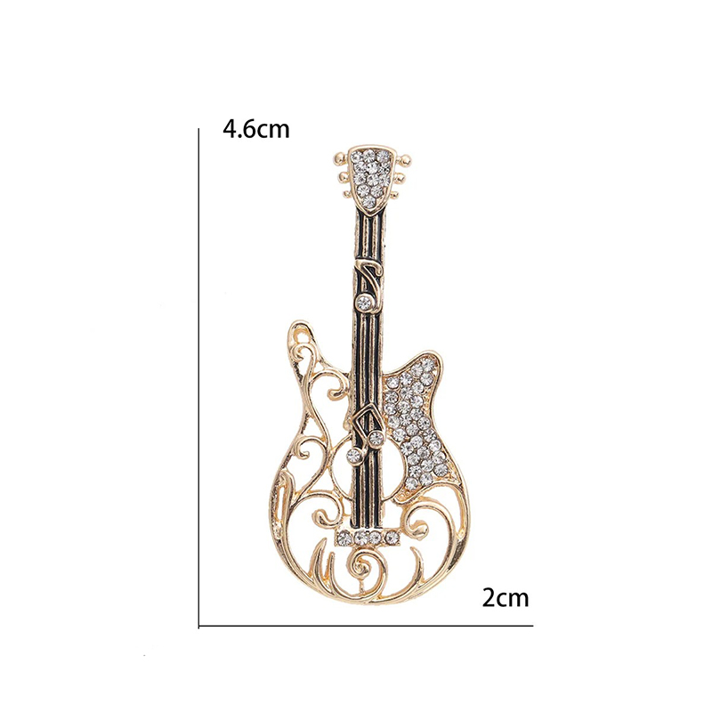 Electric Guitar Brooch Dimensions Hollow Design with Musical Notes Motif and Rhinestones