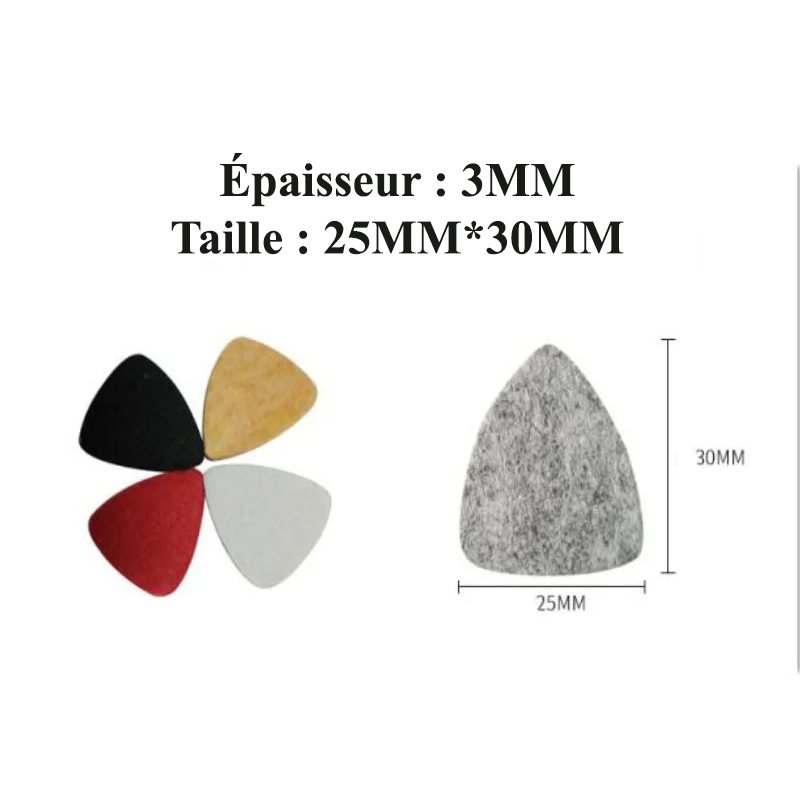 Dimensions of a set of 5 soft felt and colorful ukulele picks