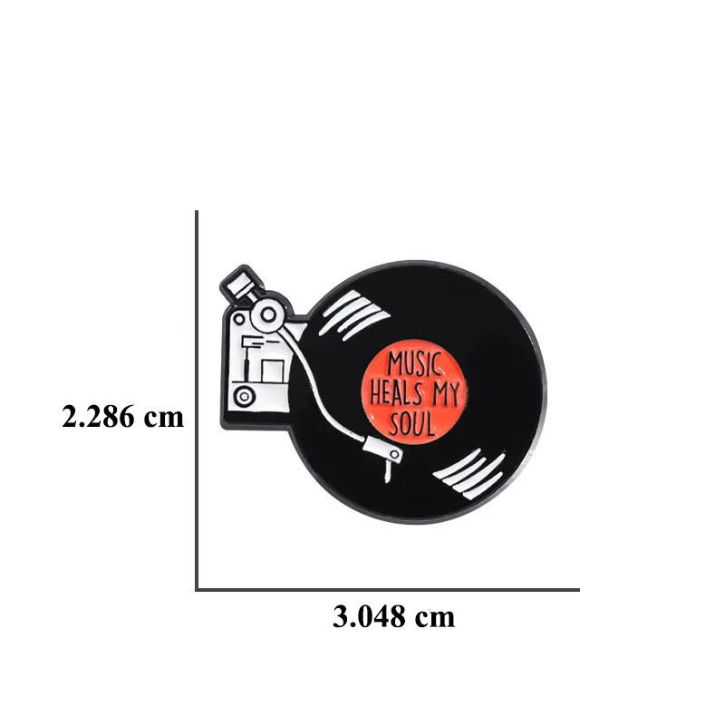 Dimensions of Retro Vinyl Enamel Pins, Music Heals My Soul