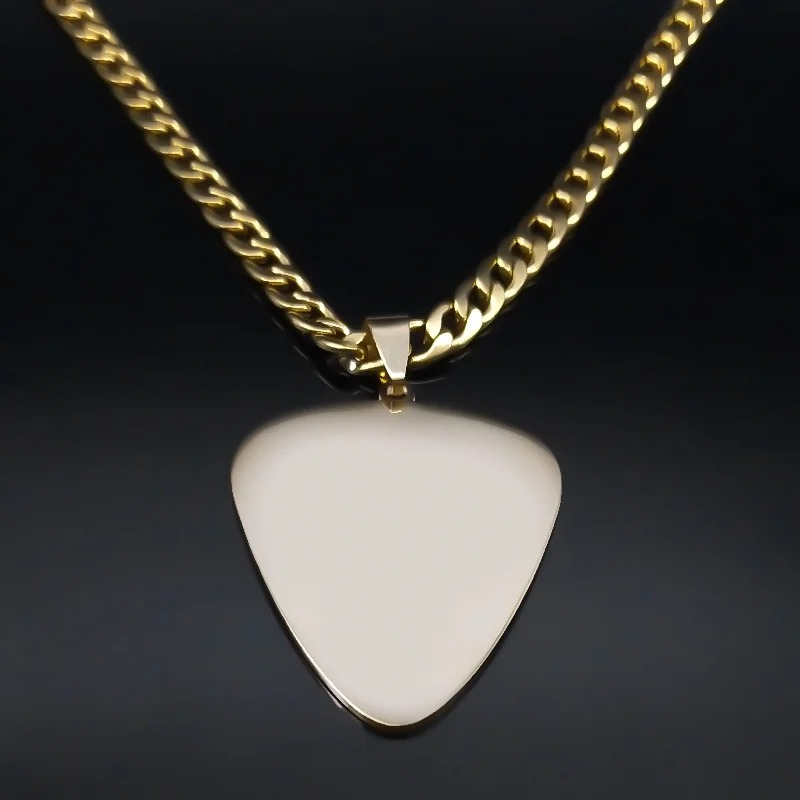 Back view of the gold-colored guitar pick pendant and musical notes
