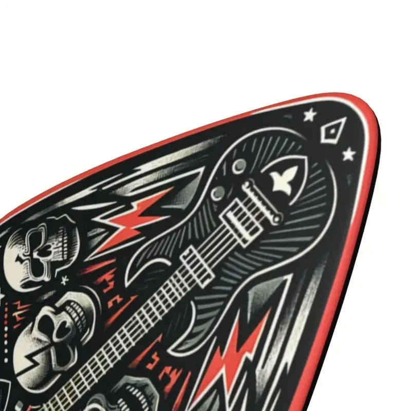 Full view of the set of 6 guitar picks with Hard Rock skull design in 3 sizes, includes pick holder.