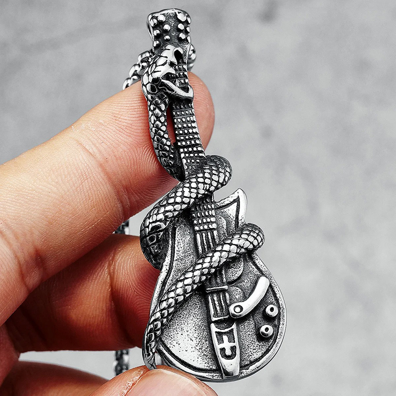 Detailed view of the Heavy Metal Rock Guitar Pendant with a Guitar Wrapped by a Snake