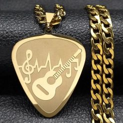 Gold-colored Guitar Pick and Musical Notes Pendant