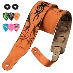 Details of the suede leather guitar strap with tribal pattern embroidery