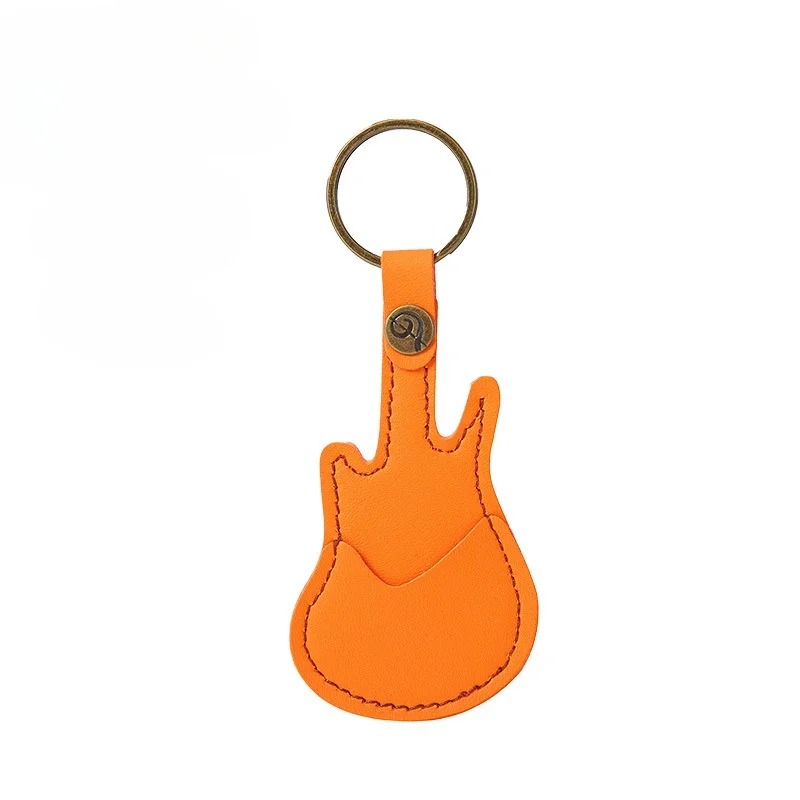 Guitar keychain with an orange-colored pick case