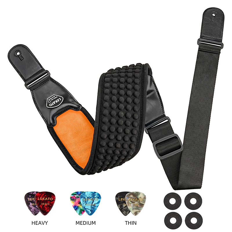 Ergonomic strap for bass guitar with orange 3D pads