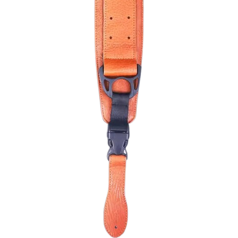Ergonomic bass strap in durable leather with light orange safety buckle