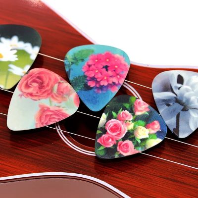 Full view of a set of 10 guitar picks with Flauris designs.
